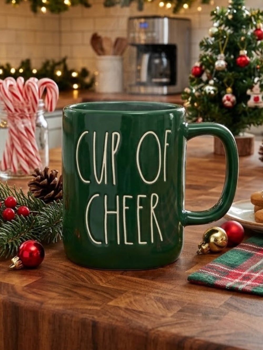 Rae Dunn Green Ceramic Large Letter Christmas Coffee Mug Cup of Cheer
